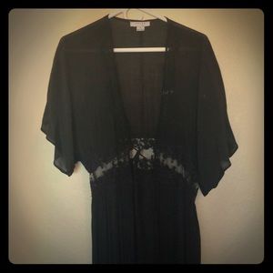 Short-sleeved, long sheer black cover-up